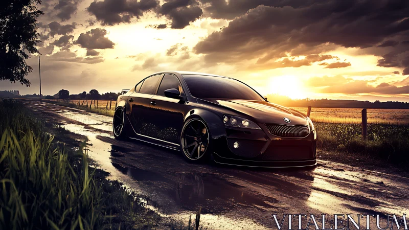 Sleek black sports sedan glows against a dramatic sunset road