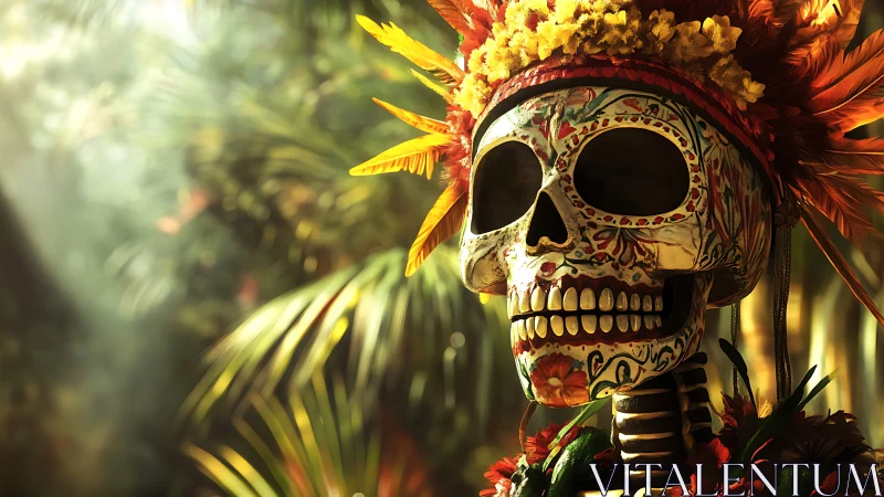 Highly detailed sugar skull effigy with floral headdress under dappled jungle light