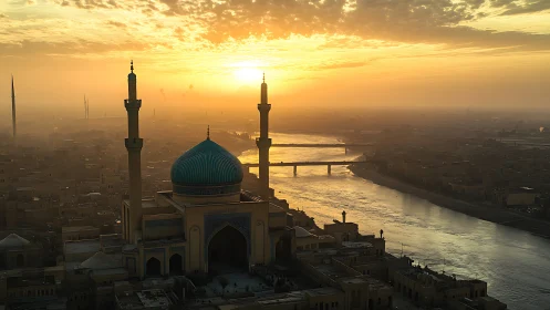 Golden river sunrise embracing blue-domed riverside mosque.