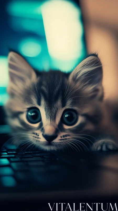 Juvenile feline specimen with prominent ocular features in controlled lighting environment.