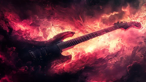 Electric guitar ignites through cosmic crimson firestorm.
