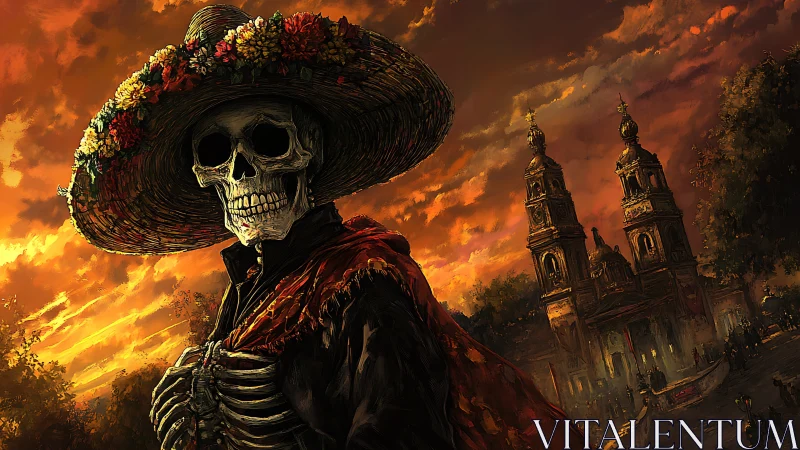 Elegant skeletal figure honors dusk in a festive city square