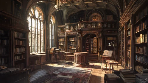 Sunlit baroque library interior renders warm chiaroscuro ambience