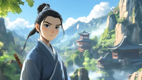 Young mountain swordsman studies the clouds of distant temples