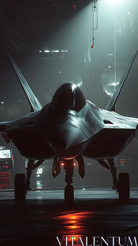 Stealth fighter jet under cinematic hangar backlighting.