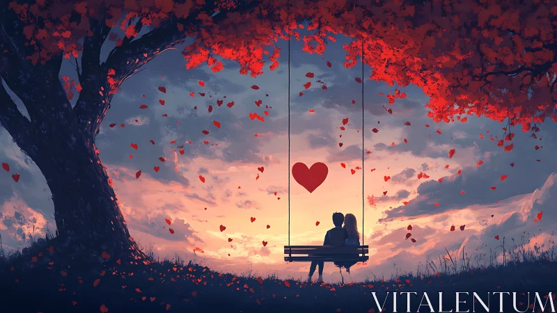 Two figures on swing beneath tree with falling leaves at sunset.