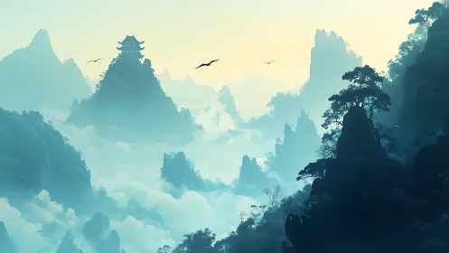 Misty mountain temple rises serenely above drifting cloud seas