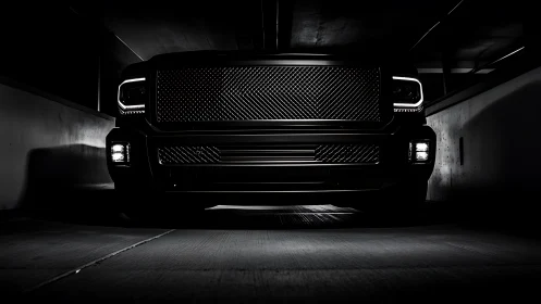 Front view black pickup truck in low key lighting in garage.