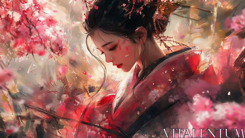 Gentle spring daydream with a kimono girl among blossoms.