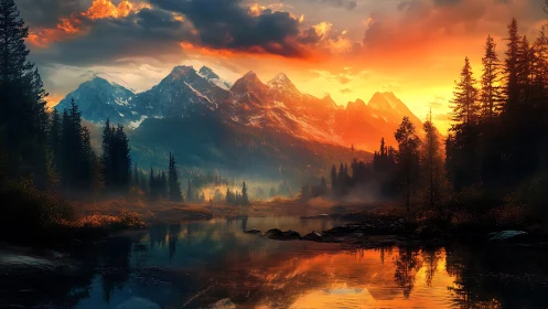 Ember crowned mountains over glassy twilight river mirror.