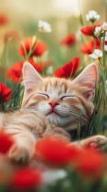 Orange tabby cat resting among red and white flowers in garden.