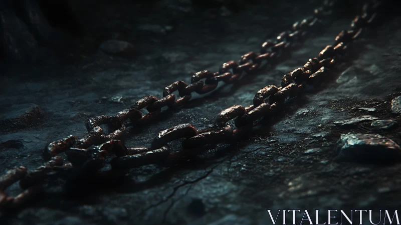 Corroded steel chains rest on wet ground with cinematic depth
