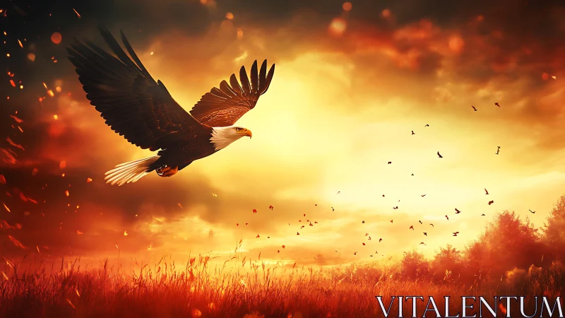 Majestic eagle soaring over glowing sunset in dramatic landscape.