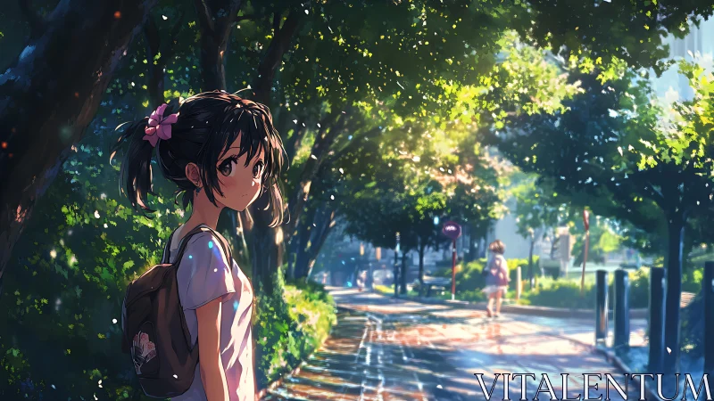 Backlit anime schoolgirl under dappled foliage on wet city path