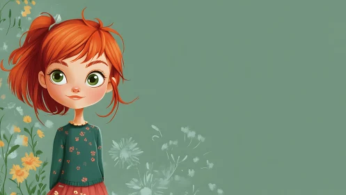 Illustrated child character with orange hair against botanical background.