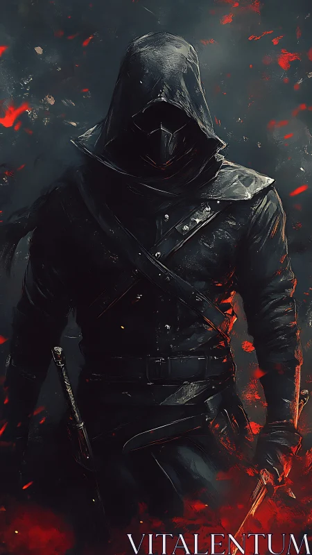 Hooded rogue in ember storm, dramatic digital painting composition.