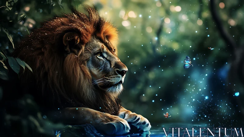 Majestic lion watches glowing butterflies over blue water