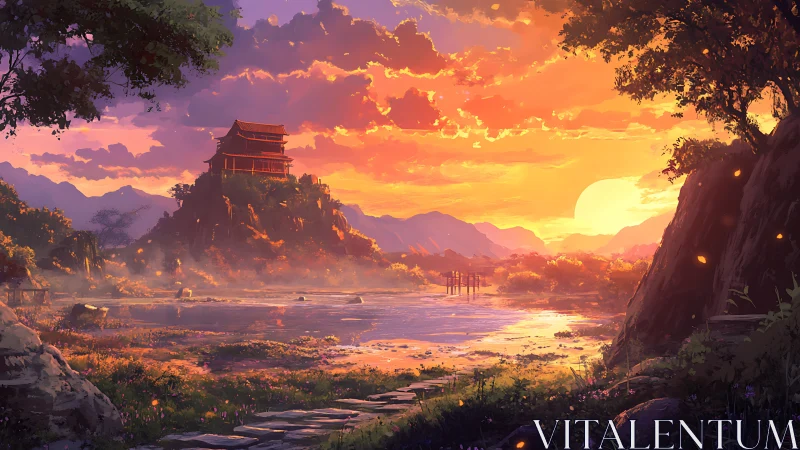 Golden sunset warms a peaceful temple above glowing waters