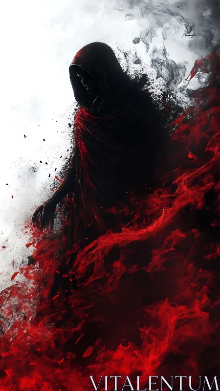 Hooded wraith emerging through red smoke and shadow.