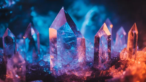 Spectral quartz crystal cluster under bicolor volumetric lighting.