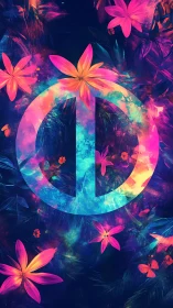 Vibrant circular symbol surrounded by neon tropical flowers.