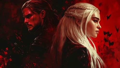 Back-to-back fantasy warriors stand in red dramatic light