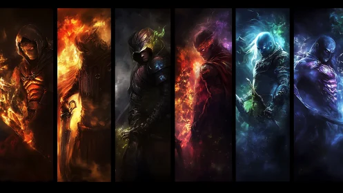 Elemental warriors stand in blazing, spectral battle columns