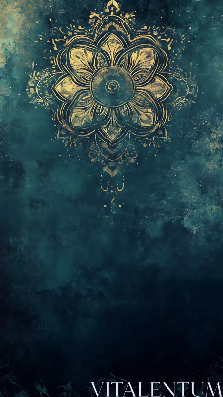 Ornate gold mandala emblem on distressed teal textured field