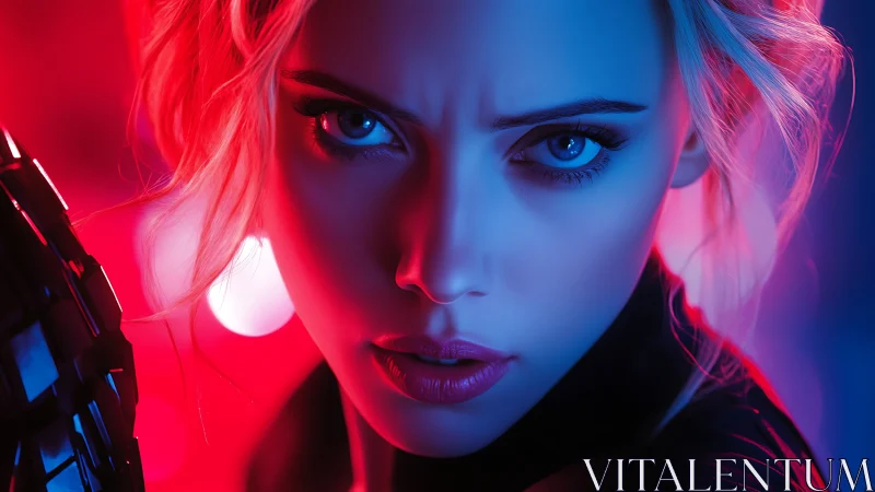 Intense neon portrait captures fierce blue and red gaze.