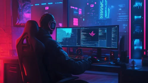 Night coder operates dual-monitor workstation in neon-lit studio
