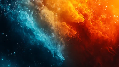 Dual colored cosmic nebula with contrasting gas clouds.