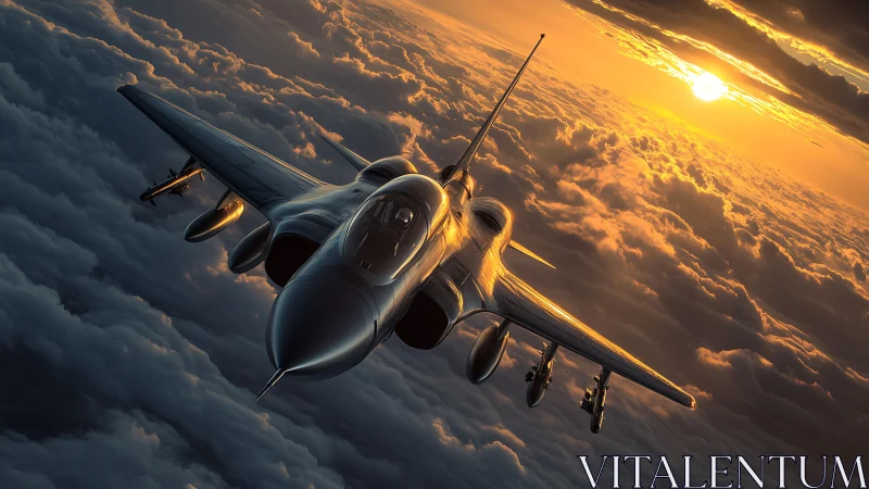 Sunlit jet soaring above glowing evening cloud seas.