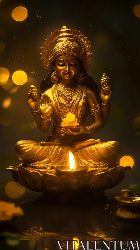 Golden goddess in lotus flames, blessing the quiet night.