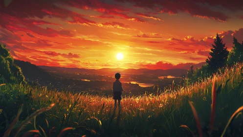 Child watches blazing valley sunset from sunlit hill