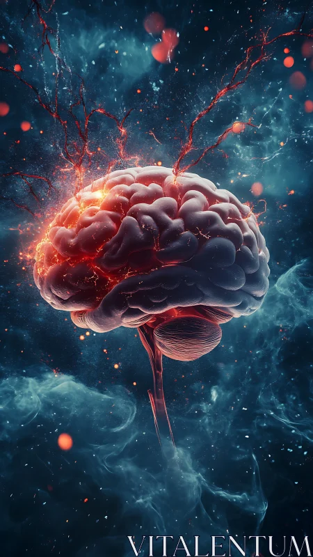 Human brain with neural energy arcs in dark abstract space.