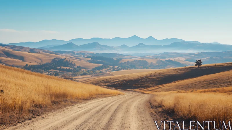 Sunlit country road winding through peaceful golden hills.