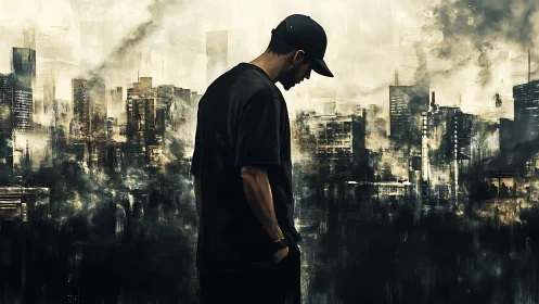 Solitary hooded figure walks through smoggy dystopian cityscape