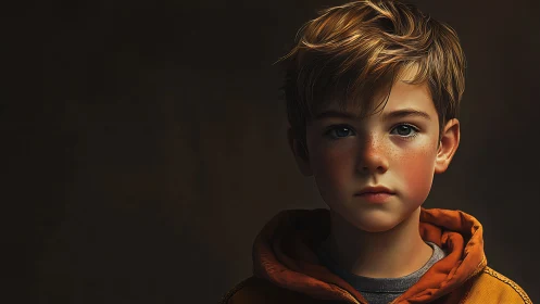 Young boy with sandy hair against dark background study.