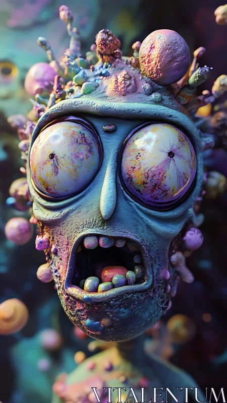 Mutated cartoon head with bulging eyes and open mouth.