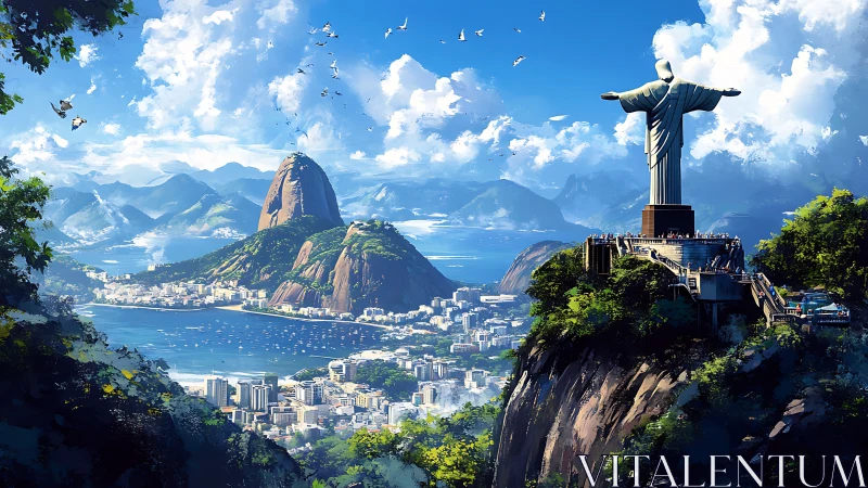 Christ the Redeemer over Rio bay in vivid digital panorama.