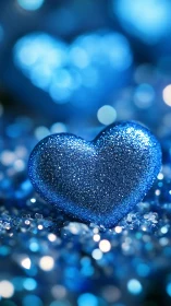 Blue glitter heart with soft bokeh background in focus.