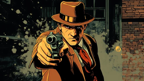 Noir gunman in mid-range closeup with dynamic foreshortening.