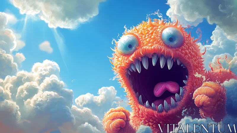 Orange cloud monster roars against bright blue sky.