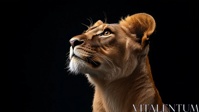 Gentle lioness gazing upward in soft golden studio light.