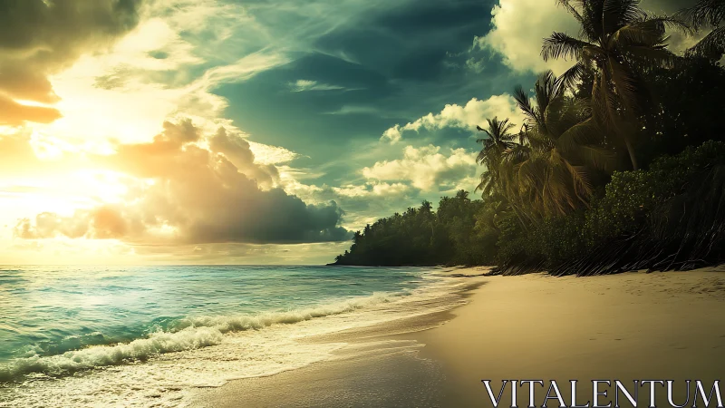 Coastal shoreline with palm trees under dense sunset clouds.