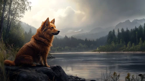 Golden dog watches misty mountain lake at dusk