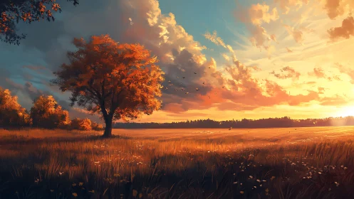 Tree and open field under low sun and scattered clouds.