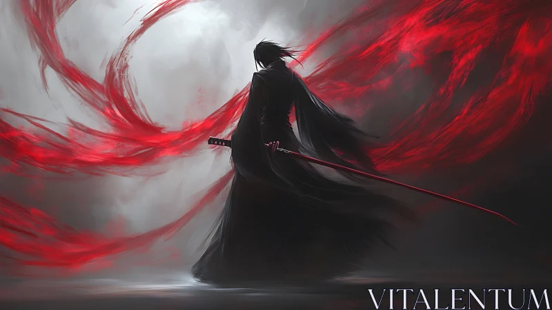 Sword-bearing figure in black amid swirling red energy.