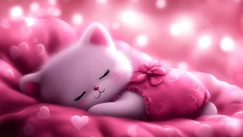 Sleeping White Kitten in Pink Dreamscape.