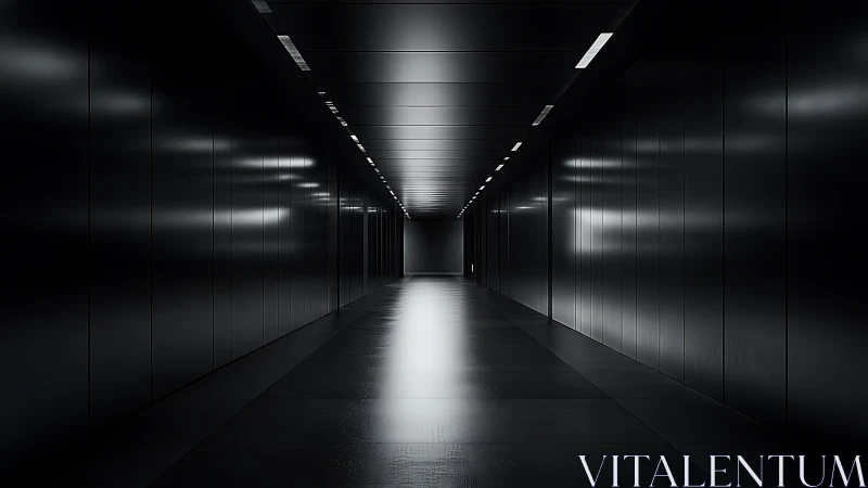Midnight corridor stretches forward like a polished monolith